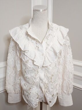 Fanco Lace Ruffle Embroidered Blouse, Size S